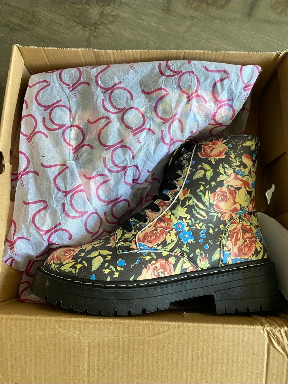 Sugar Floral Lace-Up Platform Combat Boots in Black